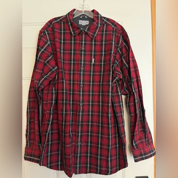 Men’s Carhartt relaxed fit red black cotton button down shirt.  Size large - Picture 1 of 11